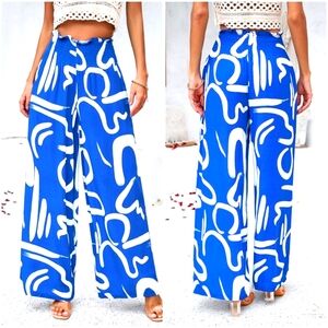Blue Smocked Printed Wide Leg Pants
